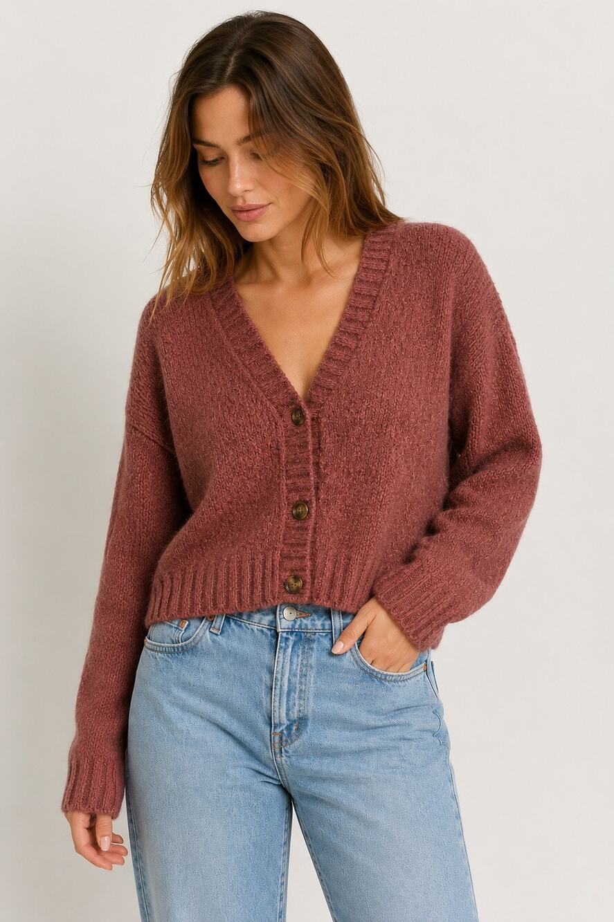 Z Supply Cozy Cropped Bouclé Cardigan Sweater - Dusty Rose - Size Small
